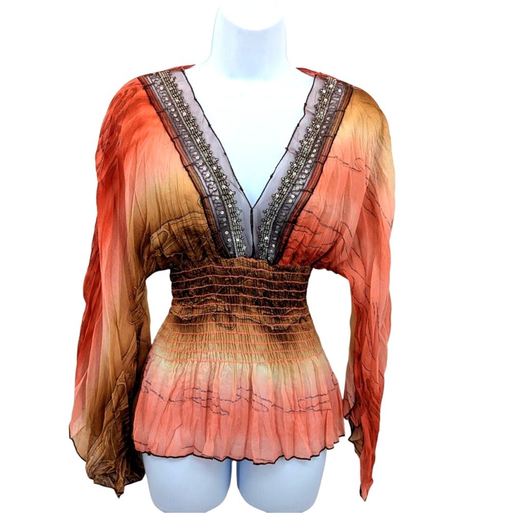 Y2K Boho Babydoll Top Medium Sheer Beaded Smocked Fairy Grunge Cottagecore